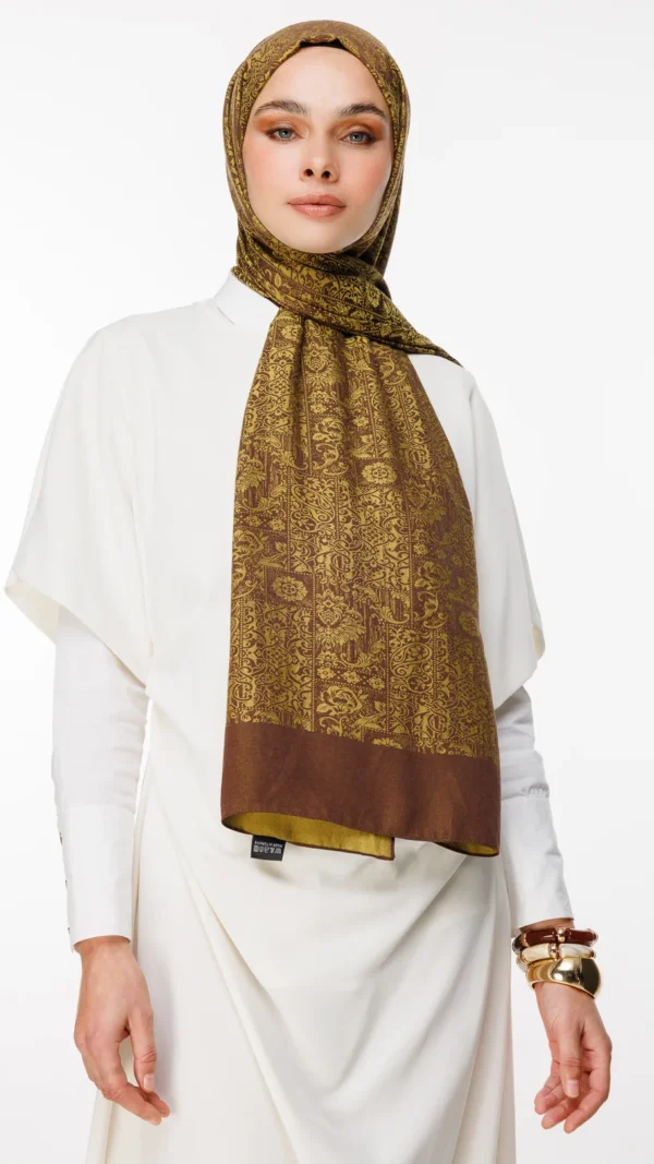 031a6406 Henna Desen Çift Taraflı Şal Acı Kahve-Hardal