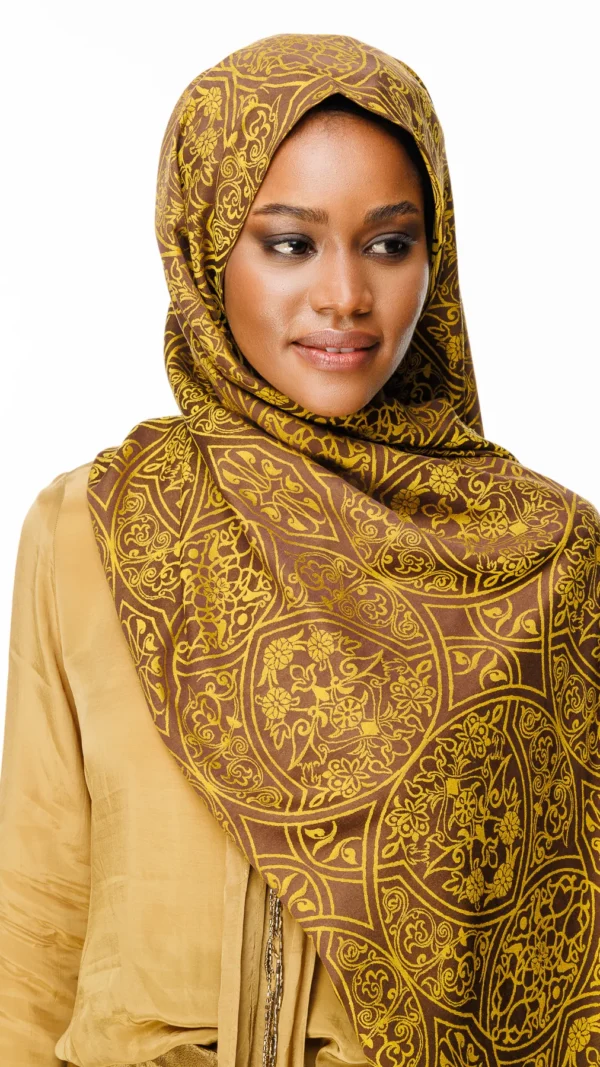 031a9443 Morocco Desen Çift Taraflı Şal Acı Kahve-Hardal